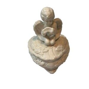 Traditional Victorian Bisque Cherub Angel Heart-Shaped Trinket Box 4 1/2" Tall